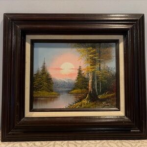 Landscape Oil Painting Artist Signed Nature Sunset Wood Frame 17x15